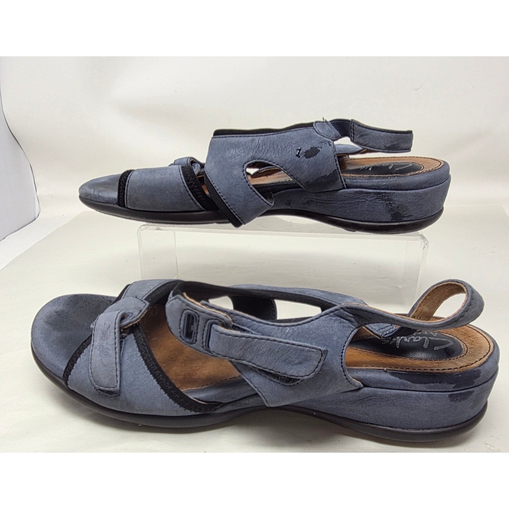 Clarks Artisan Wedge Sandals Womens 9W Blue Leather Strappy Comfort Shoes 84413